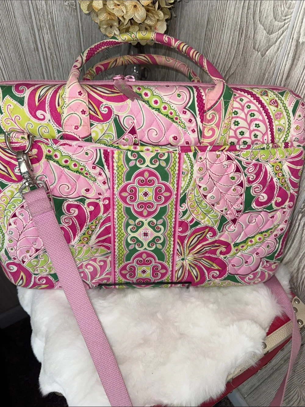 Vera Bradley Pink Floral Paisley Laptop Bag with Green Accents